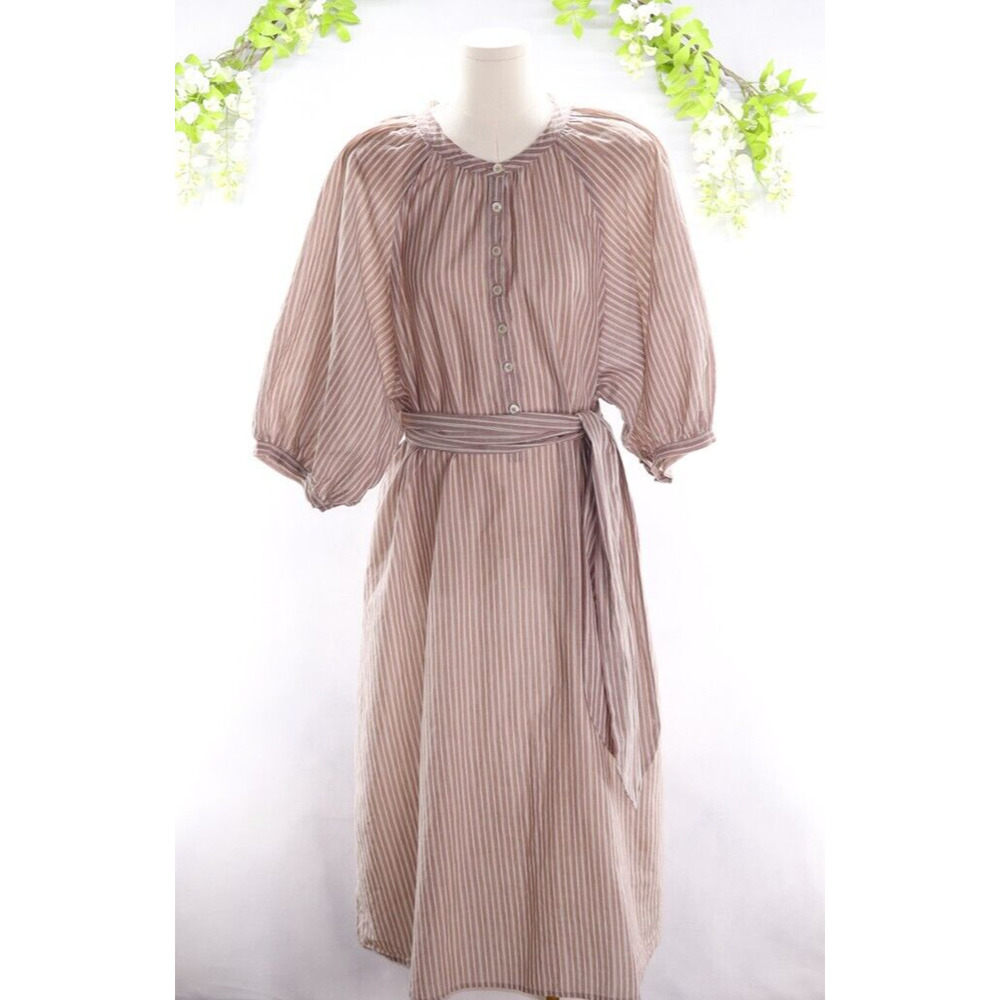 The Great Women's Puff Sleeve Striped Crew Neck Midi Cotton Dress Sz L